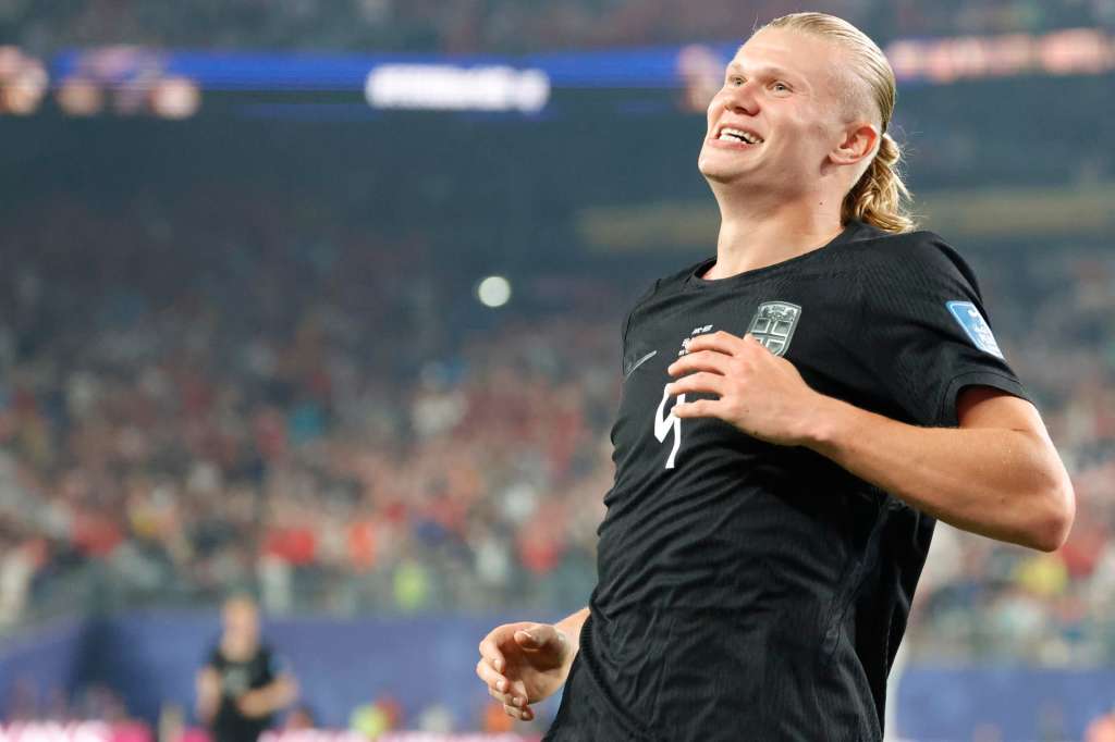 GR2077. NUEVA JERSEY (ESTADOS UNIDOS), 22/06/2026.- Erling Haaland de Noruega celebra un gol este lunes, en un partido del grupo I del Mundial de la FIFA 2026 entre Noruega y Senegal en el estadio MetLife en Nueva Jersey (Estados Unidos). EFE/ Sebastiao Moreria
