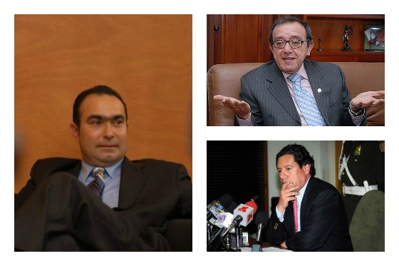 Los magistrados Jorge Pretelt (izq.), Luis Ernesto Vargas (superior der.) y Mauricio González (inferior der.)