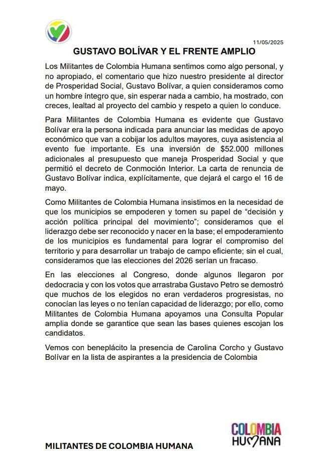 Este es el pronunciamiento de Militantes Colombia Humana sobre el episodio entre el presidente Gustavo Petro y el director del DPS, Gustavo Bolívar.