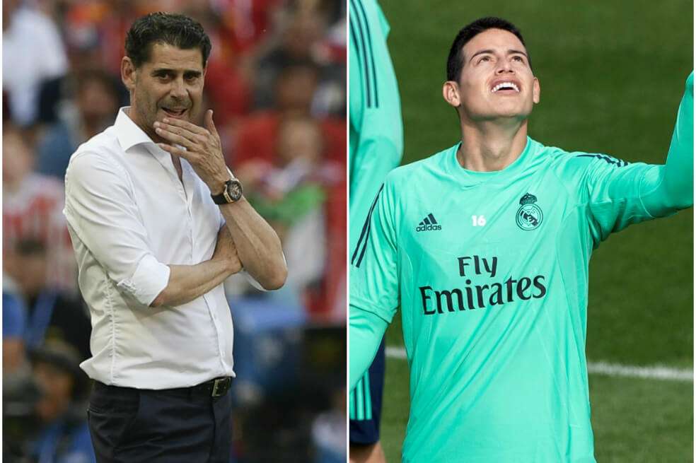 Fernando Hierro, exjugador histórico de Real Madrid, y James Rodríguez, actual futbolista colombiano del conjunto blanco. / AFP y EFE