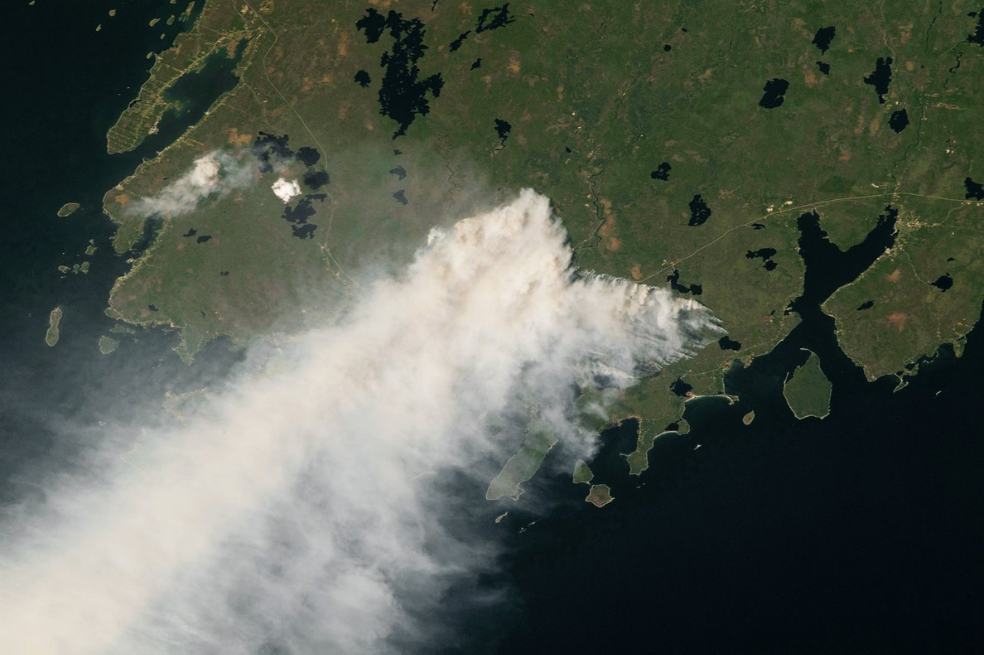 Un astronauta a bordo de la Estación Espacial Internacional fotografió el humo de un incendio forestal en Nueva Escocia sobrevolando el océano Atlántico en mayo de 2023. El año pasado, el clima cálido y la falta de lluvias avivaron los incendios en todo Canadá, quemando el 5% de los bosques del país.