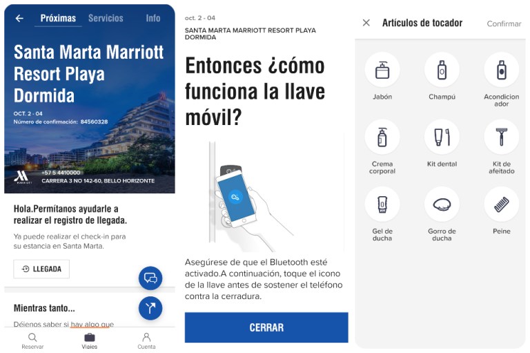 Algunas de las herramientas de la aplicación Marriott Bonvoy, servicio, tecnología y seguridad en cada momento.