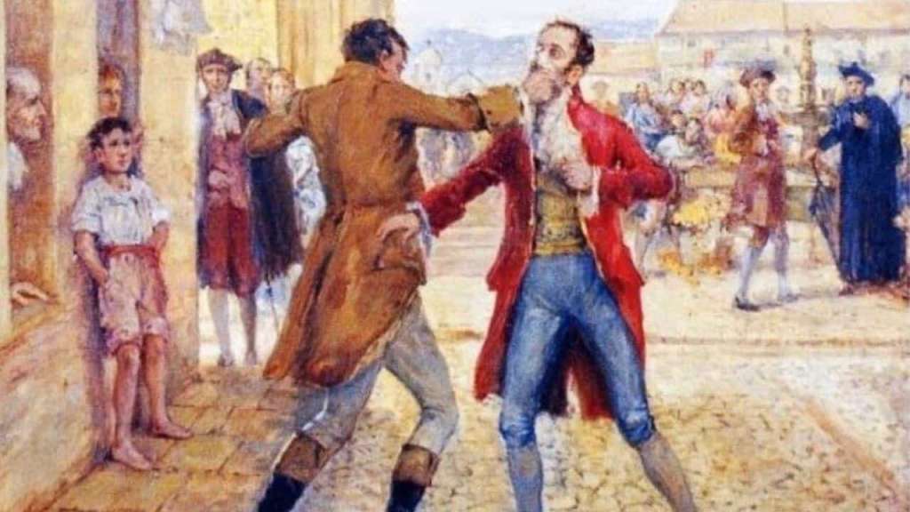 Pelea de Santamaría con Llorente en la esquina nororiental de la Plaza Mayor hoy en día llamada Plaza de Bolívar.