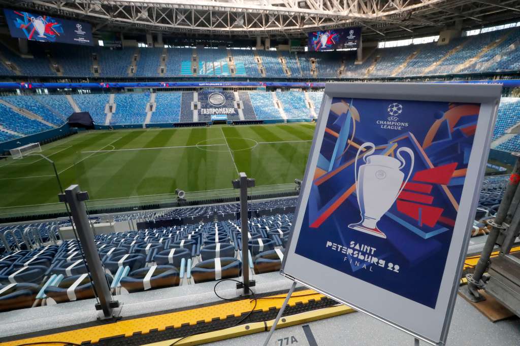 St. Petersburg (Russian Federation).- (FILE) - A view of the official UEFA Champions League banner during UEFA Champions League officials inspection at the Gazprom Arena in St. Petersburg, Russia, 22 September 2021 (re-issued on 02 May 2022). On 02 May 2022 UEFA announced the decision to suspend Russian club teams from Champions League, Europa League and Conference League during the 2022-2023 season. Russia National teams, as well, will not be able to participate in the next UEFA competitions. Russian troops entered Ukraine on 24 February resulting in fighting and destruction in the country and triggering a series of severe economic sanctions on Russia by Western countries. (Liga de Campeones, Rusia, Ucrania, San Petersburgo) EFE/EPA/ANATOLY MALTSEV *** Local Caption *** 57187537