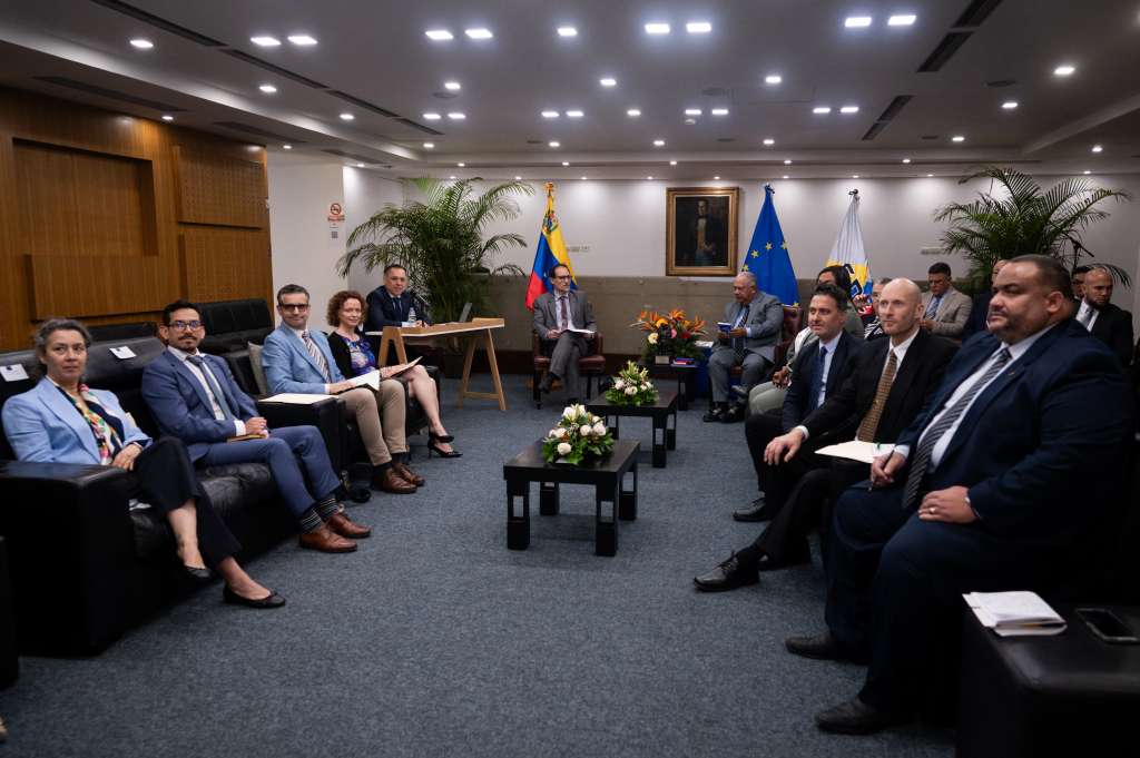 The president of Venezuela's National Electoral Council (CNE), Elvis Amoroso (C-right), meets with members of the European Union at the National Electoral Council's (CNE) headquarters in Caracas on April 9, 2024.