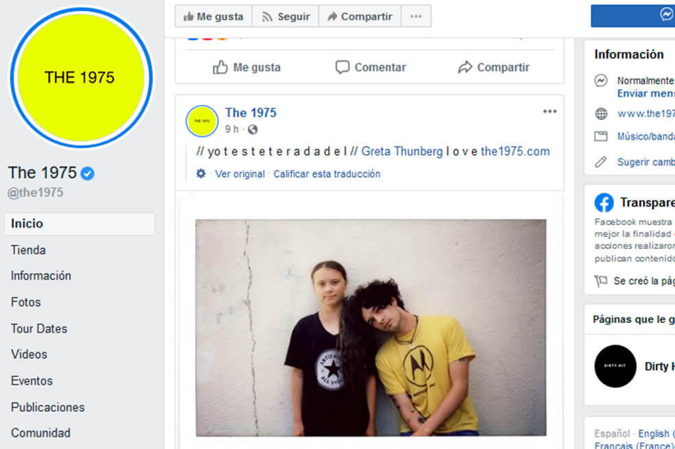 Greta Thunberg es sueca y a sus 16 años se ha convertido en un ícono mundial que lucha contra el cambio climático. / Tomado de Facebook.com/the1975/