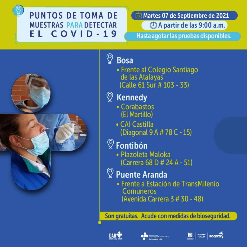 En estos puntos habrá pruebas gratuitas para COVID-19 este martes en Bogotá