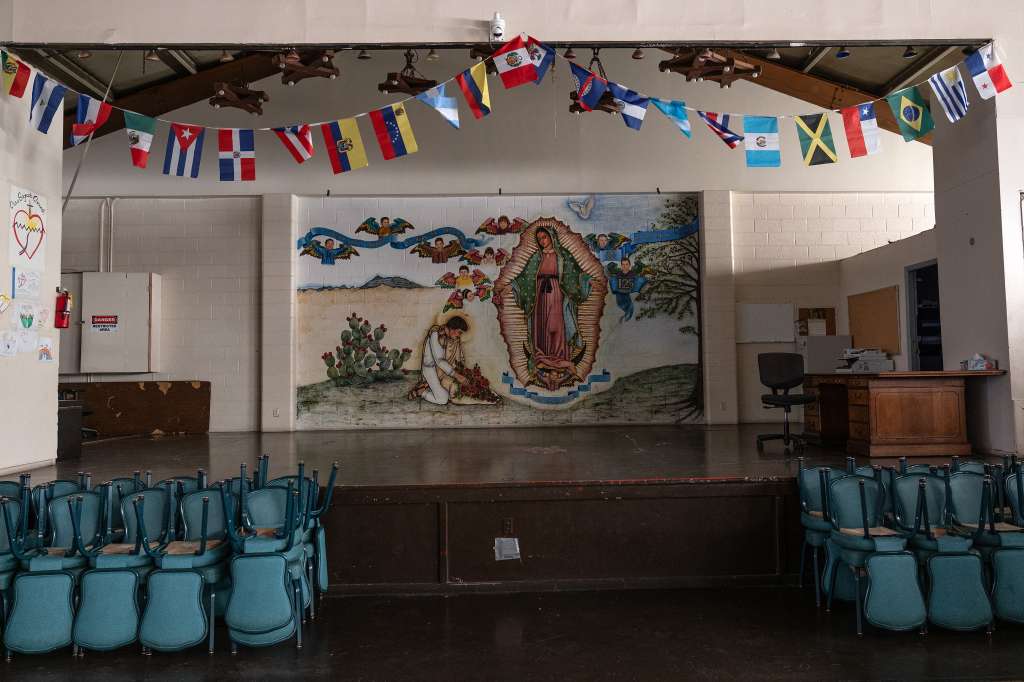 View of amural of the Virgin of Guadalupe inside the Casa del Sagrado Corazon -a once refuge for migrants, now closed- in El Paso, Texas, United States, on October 23, 2024.