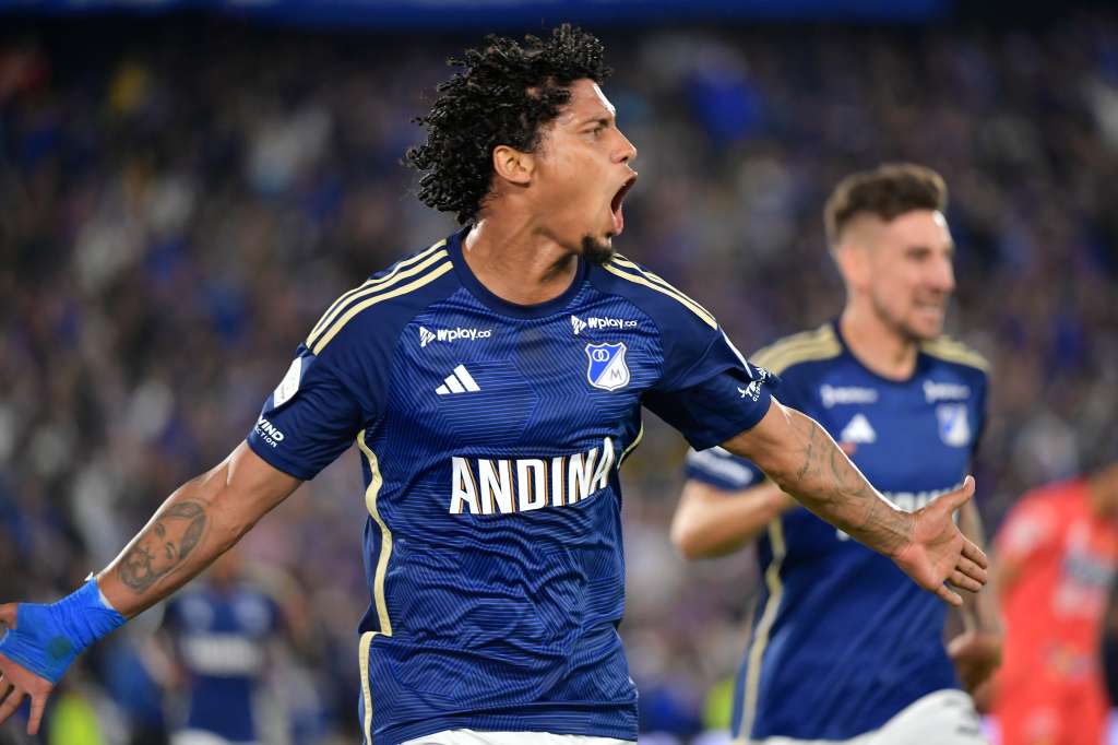 Futbolista colombiano, mediocampista de Millonarios, en el partido ante Pereira, por la segunda fecha del grupo A del cuadrangular de la Liga BetPlay 2024-I.
