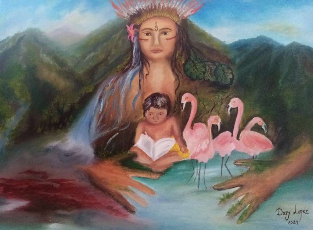 La artista empírica, activista y trabajadora del cuidado Luz Dary Velásquez plantea esta obra donde la mujer está en el centro, reconectándose con la sabiduría y el cuidado de la madre la naturaleza, visibilizando lo colectivo y también la sangre derramada de lideresas que reclaman sus derechos.