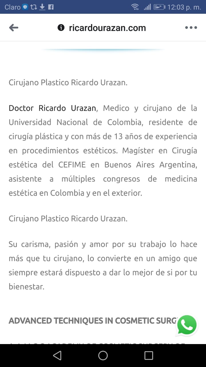 Además, al buscar sobre su posgrado, la Maestría en Cirugía Estética realizada en el Centro de Formación Integral de Medicina Estética de Buenos Aires, que según la hoja de vida de Urazán presentada en su página web realizó en el 2007, se aclara que se trata de “maestrías que se dictan a lo largo de cuatro meses todos los días viernes de 13 a 19 horas”. Lo que no se acerca, en lo mínimo, a los cuatro años que estudia un especialista para convertirse en Cirujano Plástico.