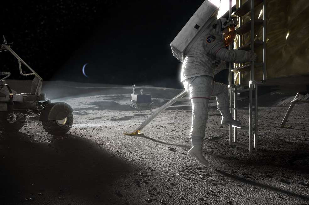 Imagen conceptual de una astronauta de Artemisa pisando la superficie lunar.