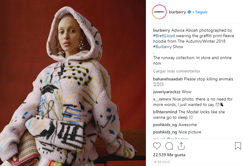 Captura de pantalla de la página de Instagram de Burberry