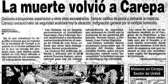 Uno de los pecados capitales del conflicto armado colombiano han sido, sin duda, las mascares. Esta que registró El Espectador fue cometida el 28 de agosto de 1995, cuando 30 hombres del Frente Quinto de las Farc asesinaron a 16 trabajadores, acusados de ser "comandos paramilitares".