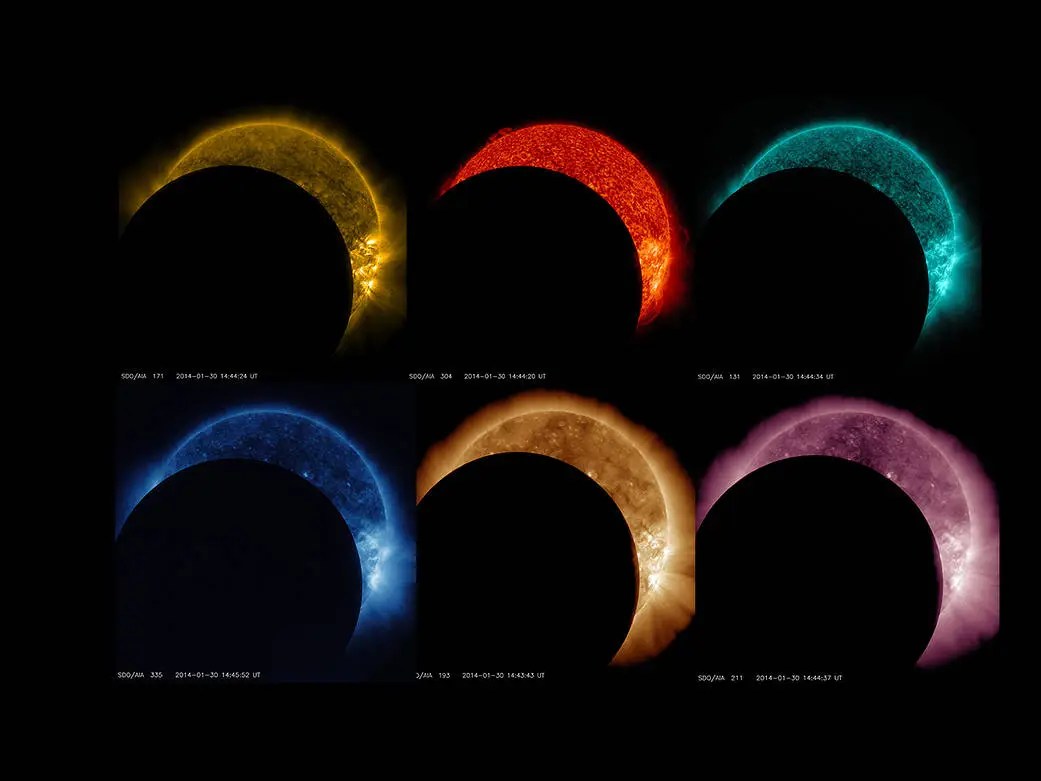 La imagen muestra uno de los tránsitos lunares que observa regularmente el SDO. La sombra lunar se ve bien definida porque la Luna no tiene atmósfera. En contraste, durante el eclipse terrestre del mismo día, la sombra de la Tierra aparece con bordes difusos.