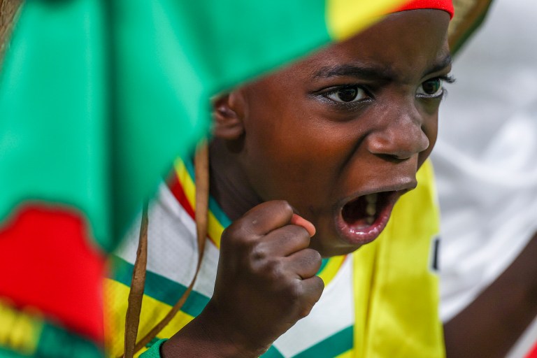 Doha (Qatar), 21/11/2022.- A Senegal supporter cheers during the FIFA World Cup 2022 group A soccer match between Senegal and the Netherlands at Al Thumama Stadium in Doha, Qatar, 21 November 2022. (Mundial de Fútbol, Países Bajos; Holanda, Catar) EFE/EPA/JOSE SENA GOULAO