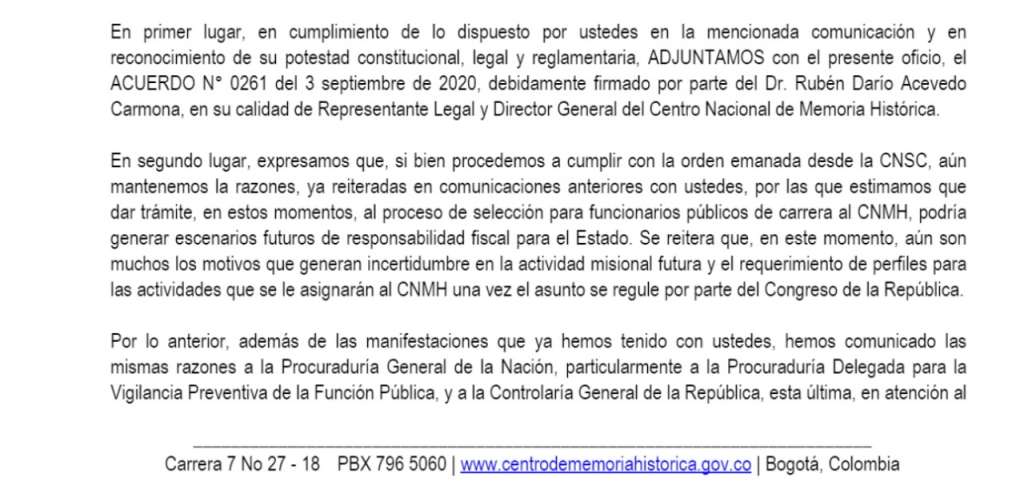 Fragmento de la carta que Darío Acevedo envió a la Procuraduría advirtiendo que el concurso podría generar problemas.