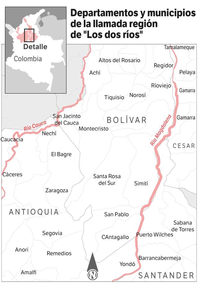 Mapa con los departamentos y municipios de la llamada región de "Los dos ríos"