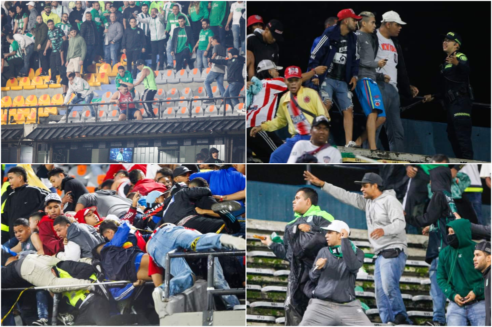 Varios momentos de la pelea entre hinchas de Nacional y Junior, en las tribunas del estadio Atanasio Girardot.