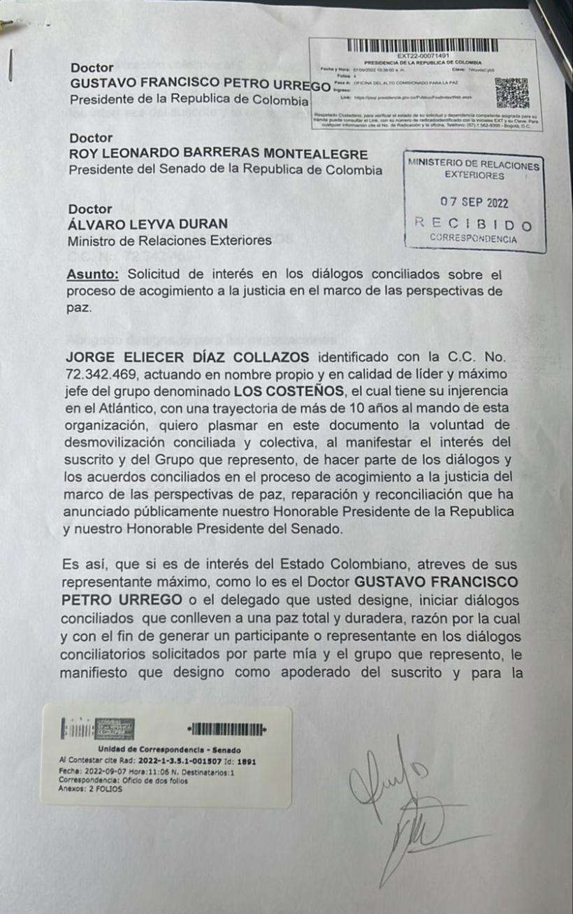 Carta de "Los Costeños" al Gobierno.