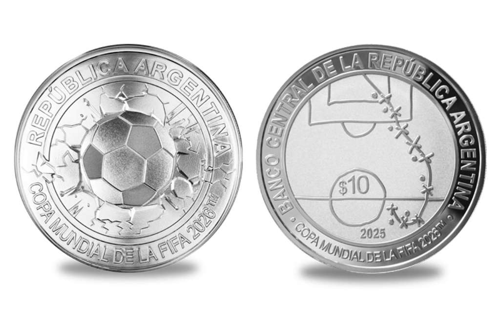 AME2804. BUENOS AIRES (ARGENTINA), 28/10/2025.- Fotografía cedida por el Banco Central de la República Argentina (BCRA) que muestra una moneda lanzada este martes, en Buenos Aires (Argentina). Una moneda de plata en ocasión del Mundial 2026 de fútbol, que lleva grabada en el dorso el trazo del histórico gol de Diego Armando Maradona a Inglaterra en los cuartos de final del campeonato mundial de México 1986. EFE/ Banco Central de la República Argentina /SOLO USO EDITORIAL/ NO VENTAS/ SOLO DISPONIBLE PARA ILUSTRAR LA NOTICIA QUE ACOMPAÑA (CRÉDITO OBLIGATORIO)