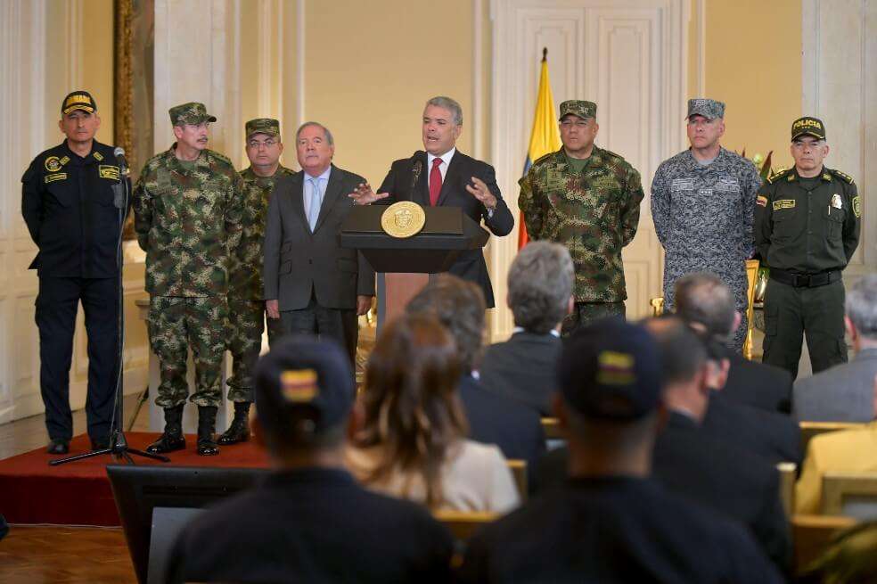 En compañía del ministro de Defensa y de los altos mandos, Iván Duque presentó los resultados de la "Operación Orión", realizada con apoyo de 18 países contra el narcotráfico. / Cortesía Presidencia