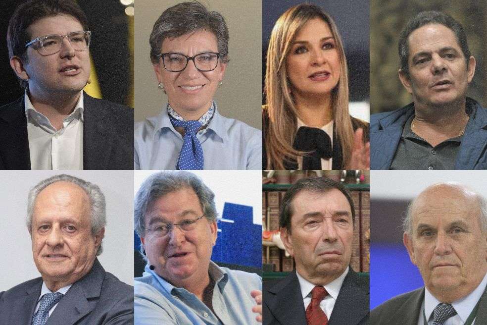 Arriba: Miguel Uribe, Claudia López, Vicky Dávila y Germán Vargas, quienes estarían buscando la Casa de Nariño en 2026.
Abajo: los empresarios Manuel Santiago Mejía, Jaime Gilinski, Fuad Char y Mauricio Armitage.