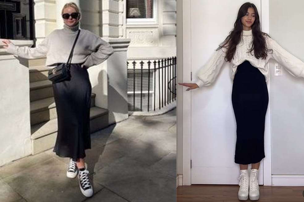 Una de las mejores combinaciones para las faldas midi es usarlos con sacos oversize especiales para las temporadas de frío