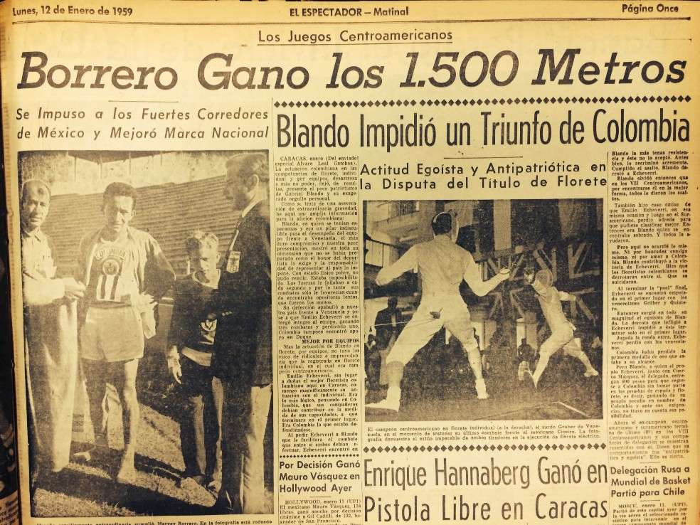 Facsímil de El Espectador del 12 de neo de 1959, que reseñó la resonante victoria del vallecaucano Harvey Borrero en los 1.500 metros de los Juegos Centroamericanos y del Caribe, con récord regional de 4:04 minutos.