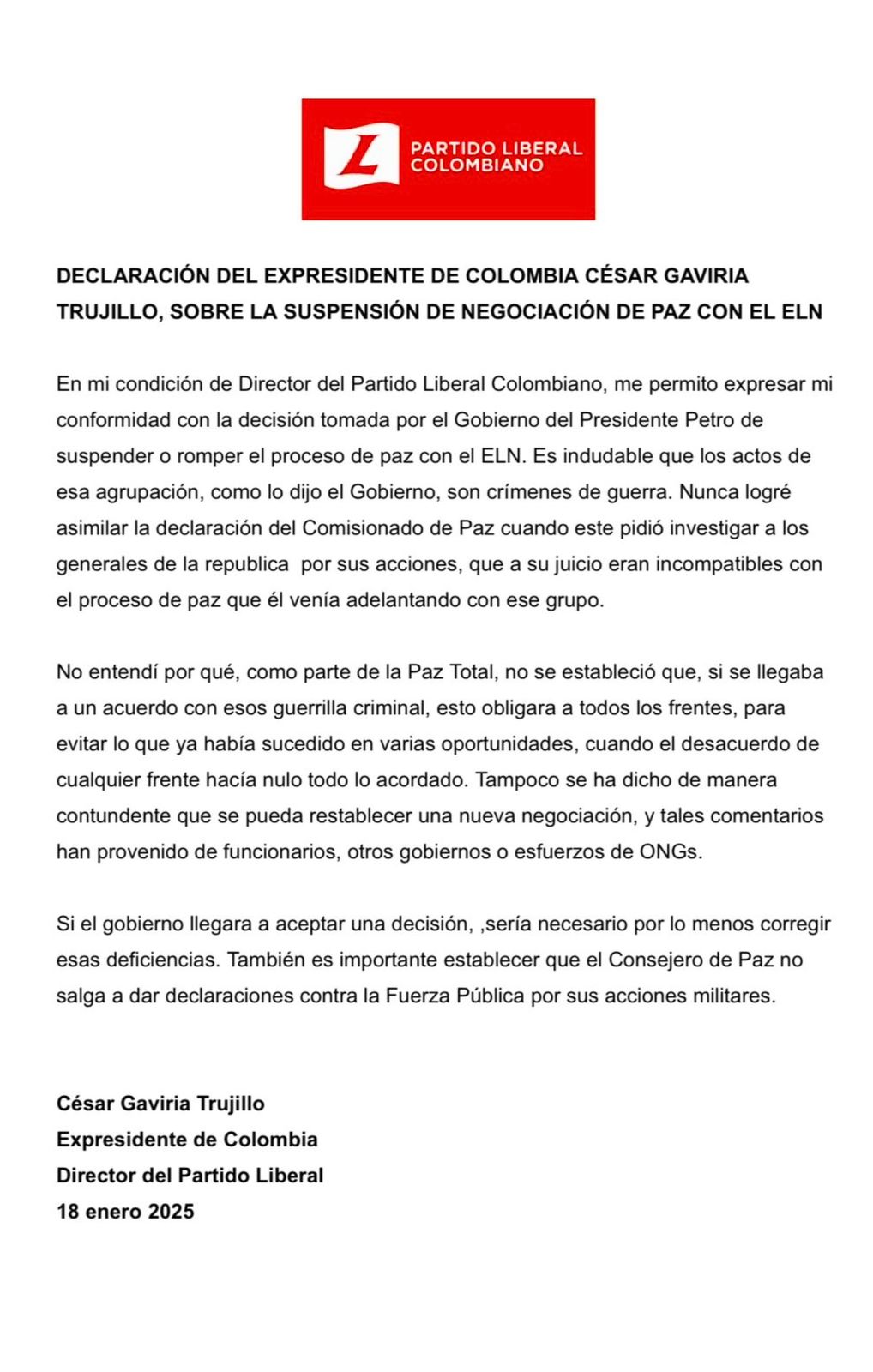 Comunicado de César Gaviria sobre situación de orden público en Catatumbo.