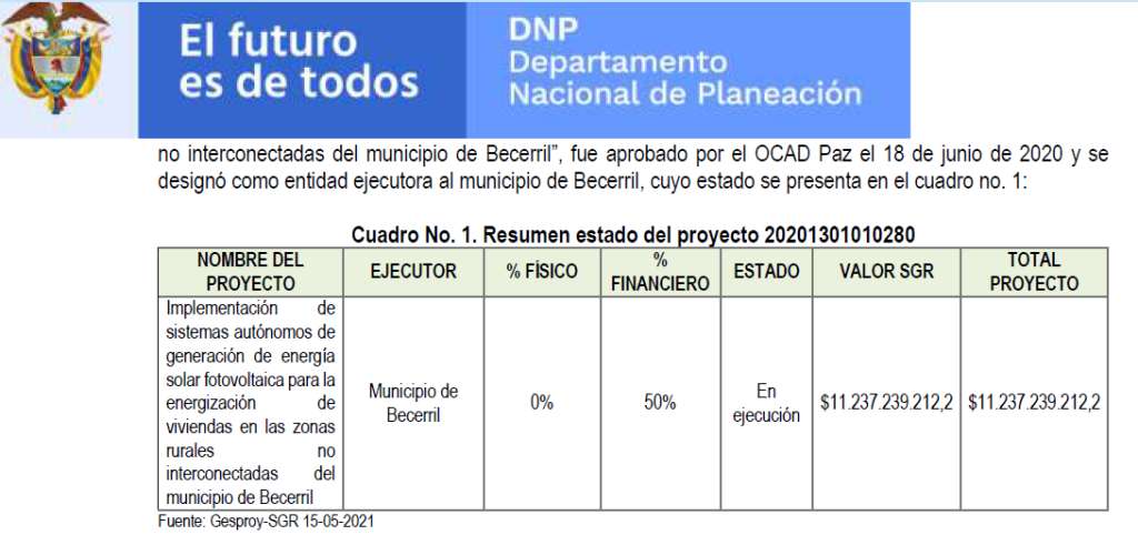 Documento del DNP en el que responden el derecho de petición de los resguardos indígenas indicando que el proyecto "está en ejecución".