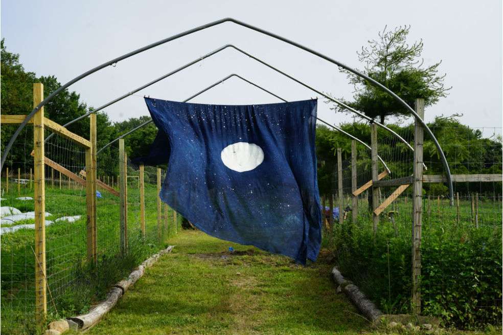 Moon Meditation Hut: una cabaña que representa las  diferentes fases de la luna y las constelaciones que existieron sobre Bhumi Farms durante la primavera,  época cuando la pandemia del coronavirus se encontraba en su punto más critico en los Estados Unidos. La obra es de Miya Ando.