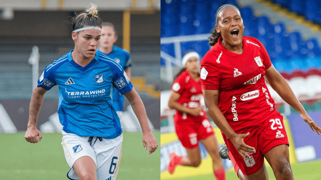 La chilena Lesly Oliveros de Millonarios Femenino y la venezolana Francelis Graterol de América de Cali Femenino