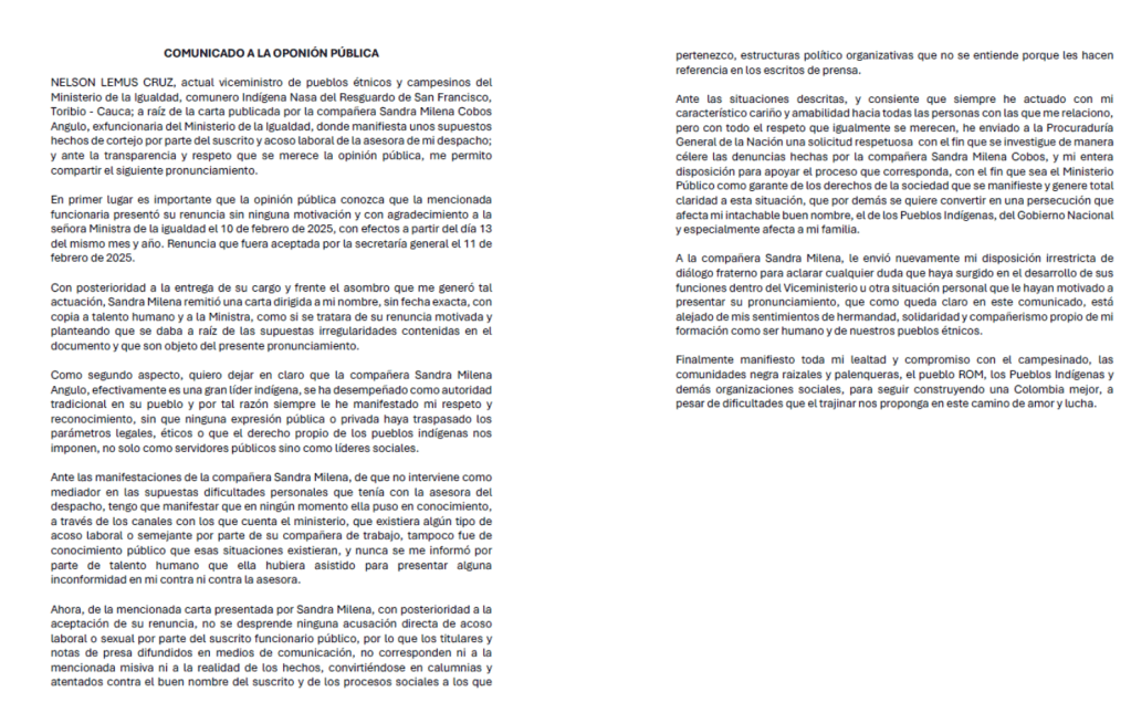 Comunicado del viceministro Nelson Lemus