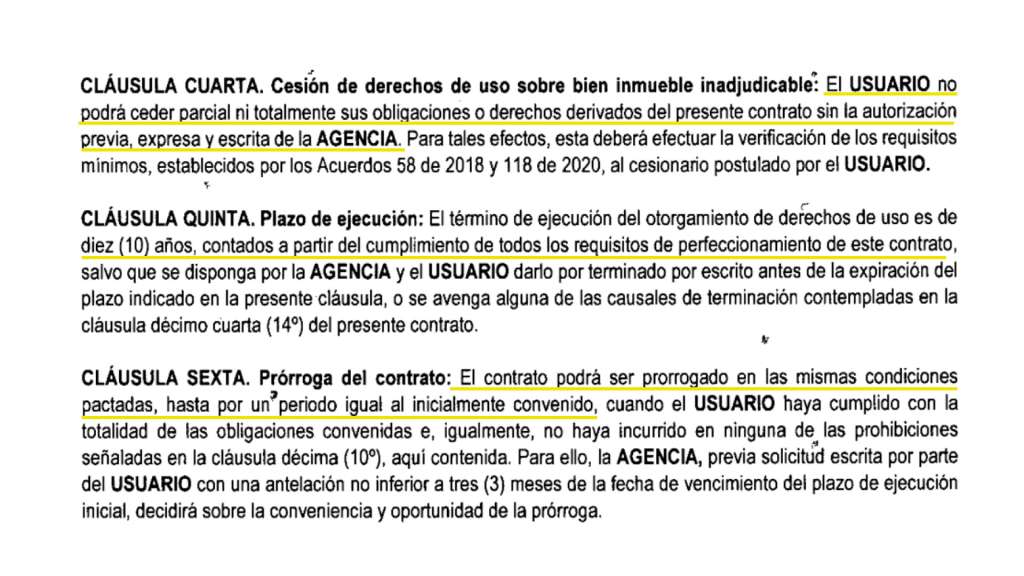 Estas son algunas de las cláusulas de los contratos de derechos de uso sobre predios baldíos firmados en Tierralta, Córdoba por 111 campesinos.