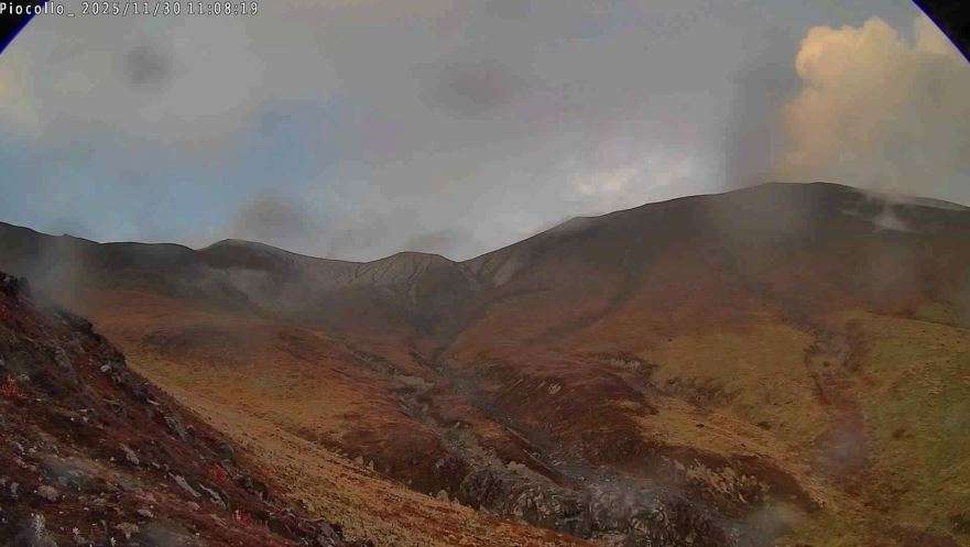 Registro de la cámara Piocollo ubicada a 2 km en dirección nororiente del volcán Puracé. Columna de gases y ceniza fina con una altura mínima estimada de 500 m sobre la cima del volcán Puracé, aunque no se aprecia la altura total en las demás cámaras por condiciones climáticas adversas. /SGC