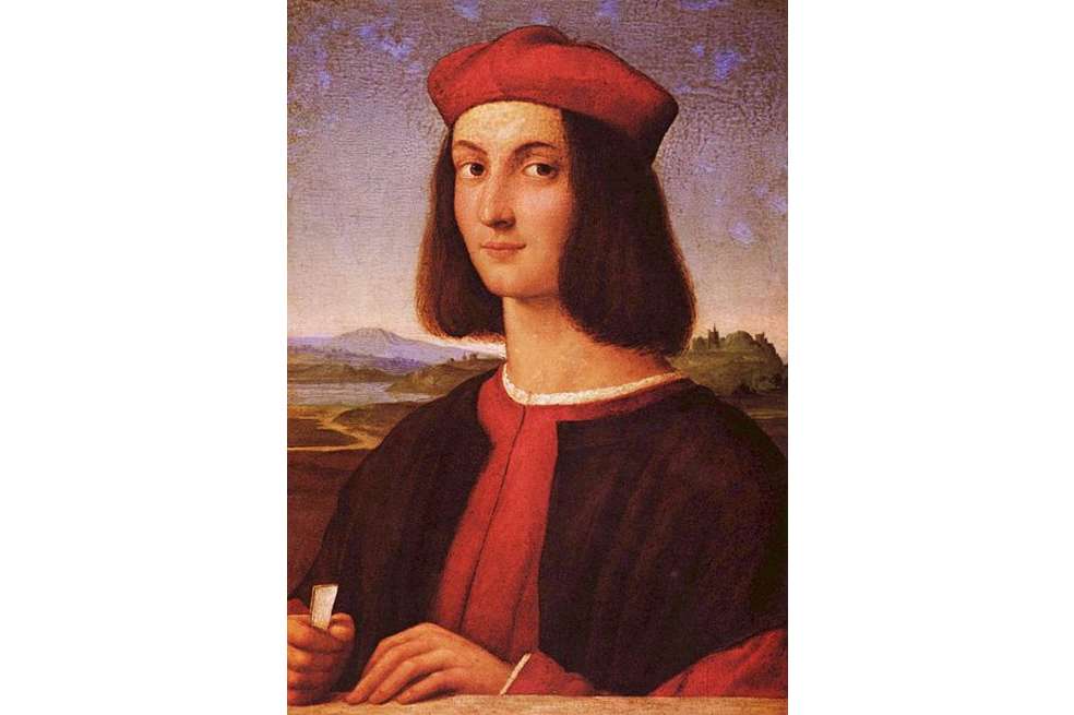 Autorretrato de Rafael. En este se ve a un Rafael joven, con el pelo arriba de los hombros y un sombrero rojo.