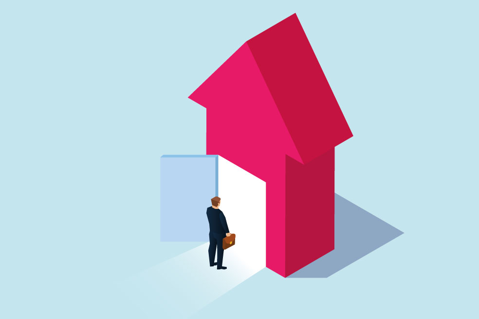 Ilustración de un hombre con maletín entrando en una señal de crecimiento económico en forma de flecha que apunta hacia arriba.
