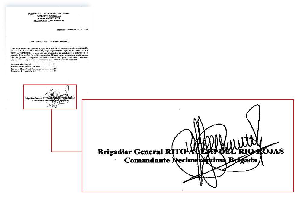 Facsímil del documento por medio del cual el condenado general Rito Alejo del Río pidió autorizar la compra de armas para la convivir Chigorodó Alegre.