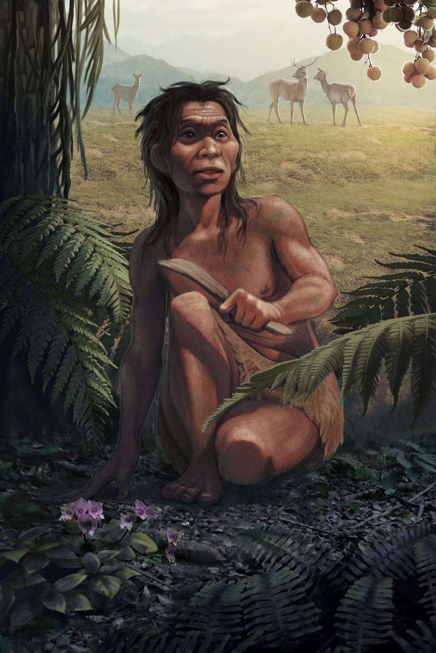 Un dibujo proporcionado por el Instituto de Zoología de Kunming de la Academia de Ciencias de China muestra la reconstrucción de una mujer "Mengzi Ren (MZR)" y su entorno de vida.