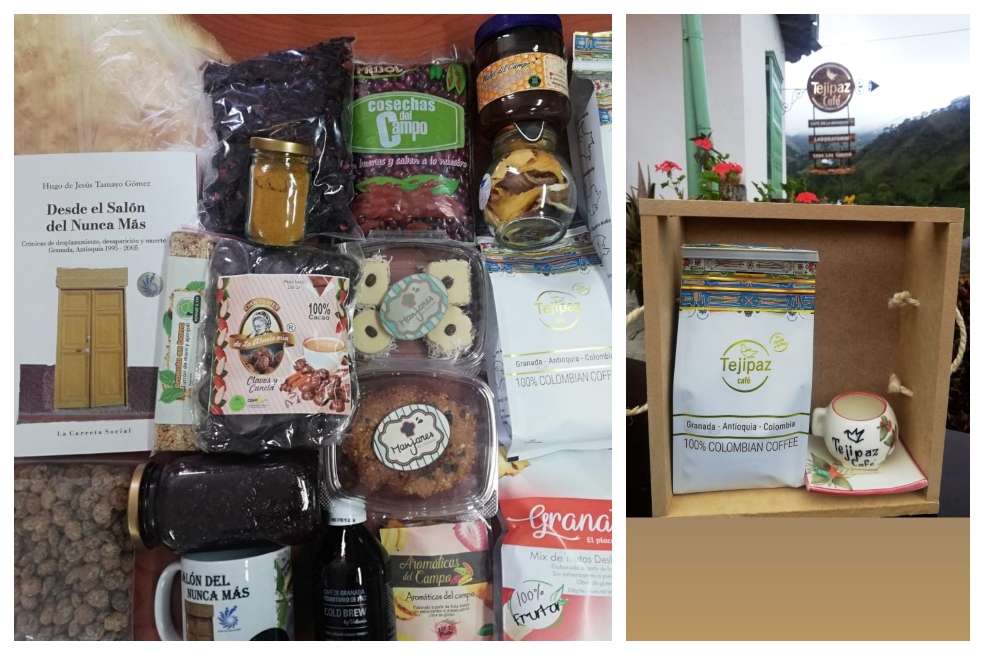 También pueden armar sus propias anchetas con los productos de la primera foto: bizcocho arriero, flor de jamaica, curcuma, frijol rojito, miel pura, frutas deshidratadas, café 250 y 500 g., panela orgánica pulverizada, galletas, alfajores, cacao, barras de granola, mermelada de mora orgánica, sacha inchi, cold brew, libro del Salón del nunca más. La segunda ancheta (café de origen Tejipaz 250g y pocillo artesanal Tejipaz) cuesta$36.000