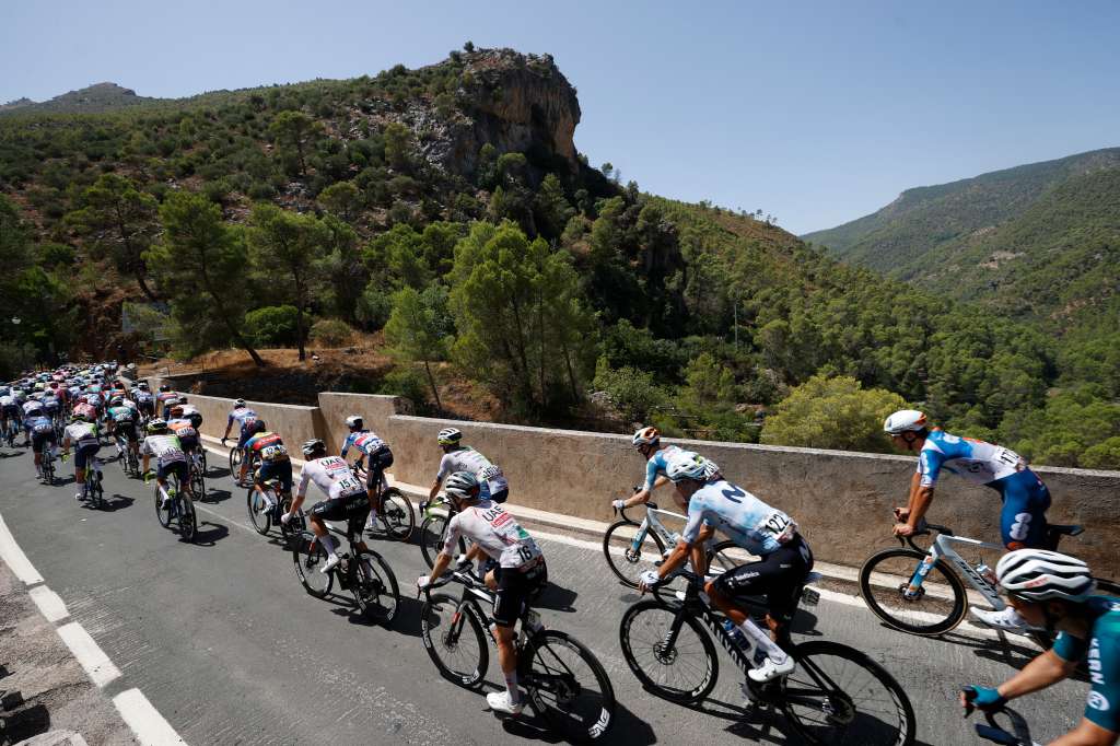 ÚBEDA, 24/08/2024.- El pelotón ciclista en la octava etapa de la Vuelta a España, este sábado, entre Úbeda y Cazorla, de 159 kilómetros de recorrido. EFE/ Javier Lizón