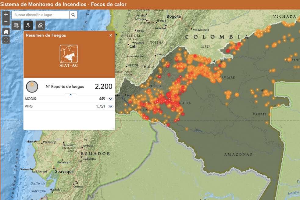 Desde el 20 de febrero, los satélites han registrado 10.824 focos de calor en la Amazonia colombiana.
/ Sistema de Monitoreo de Incendios Sinchi