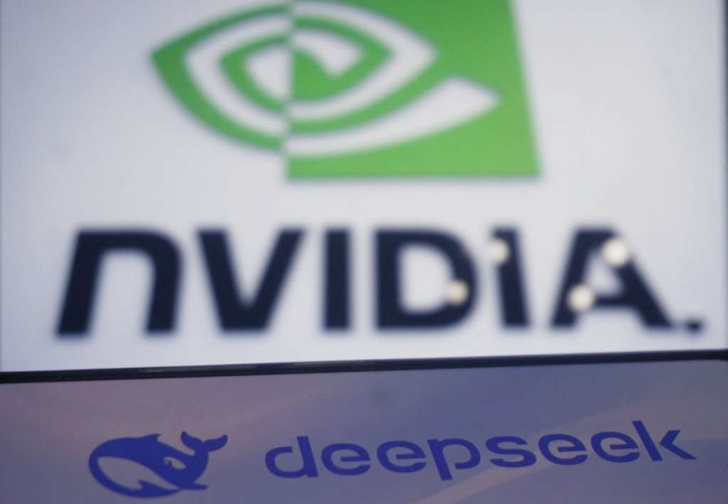 (FILES) This photo illustration shows the logos of Chinese artificial intelligence startup DeepSeek and US chip giant Nvidia on screens in Hangzhou, in China’s eastern Zhejiang province on January 27, 2025.