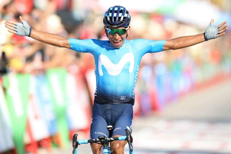 Nairo Quintana en su última victoria con el Movistar, en la Vuelta a España que acaba de terminar. / EFE
