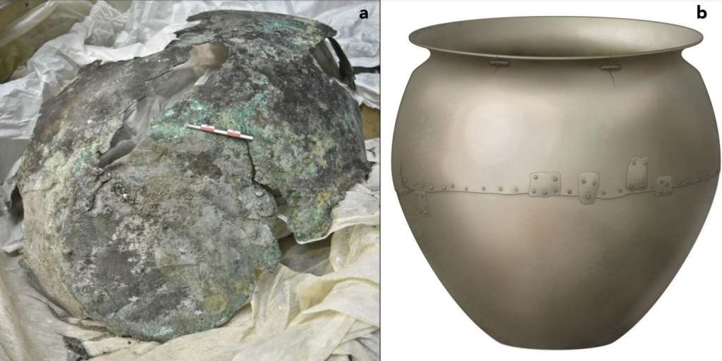 Fotografía del caldero y lo que queda hoy. (b) reconstrucción artística del caldero como se habría visto cuando estaba en uso. ISCIENCE/WILKIN ET AL.