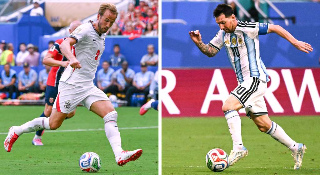 (COMBO) This combination of file photos created on July 12, 2026, shows England's forward #09 Harry Kane in Miami on July 11, 2026 (L); and Argentina's forward #10 Lionel Messi in Miami Gardens on July 3, 2026. England and Argentina will meet in a 2026 World Cup semi-final football match at the Atlanta Stadium in Atlanta on July 15, 2026. (Photo by Roberto SCHMIDT and Chandan KHANNA / AFP)