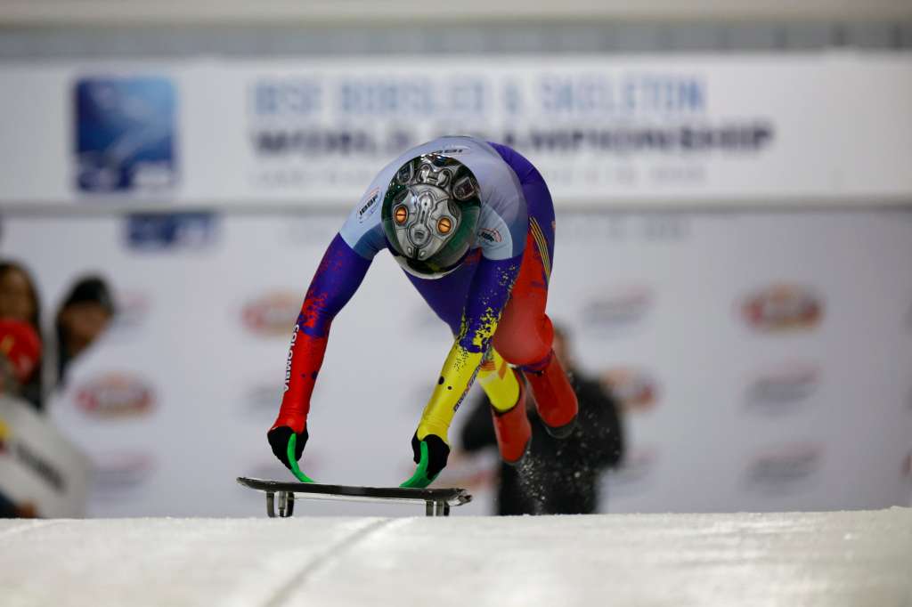 LAKE PLACID (United States), 06/03/2025.- Laura Vargas of Colombia competes in the Women's Skeleton heat at the IBSF Bobsleigh & Skeleton World Cup, in Lake Placid, USA, 06 March 2025.