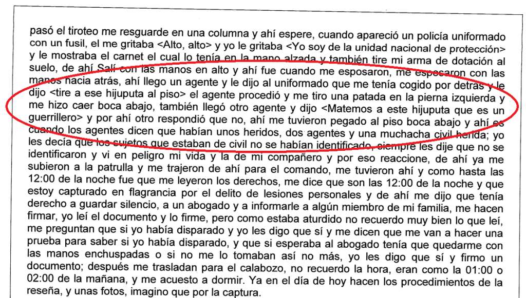 Declaración ante la Fiscalía del exguerrillero y escolta Leonardo Agudelo sobre el momento en que fue capturado tras el tiroteo.