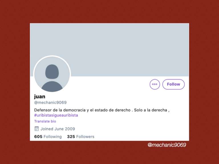 A continuación, algunas las cuentas de Twitter que participaron en alguno de los siete hashtags en contra de la JEP, y que tras las dos pruebas para comprobar si son bots, tienen una probabilidad superior al 82 % de ser una cuenta automatizada.